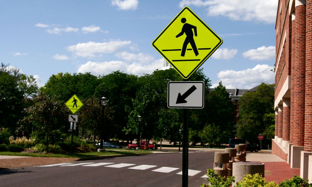 pedestrian sign showing location where accident happened, requiring Sugar Land car accident lawyer, most dangerous roads Houston car accident, Houston Accident Attorney, Sugar Land Auto Accident attorney