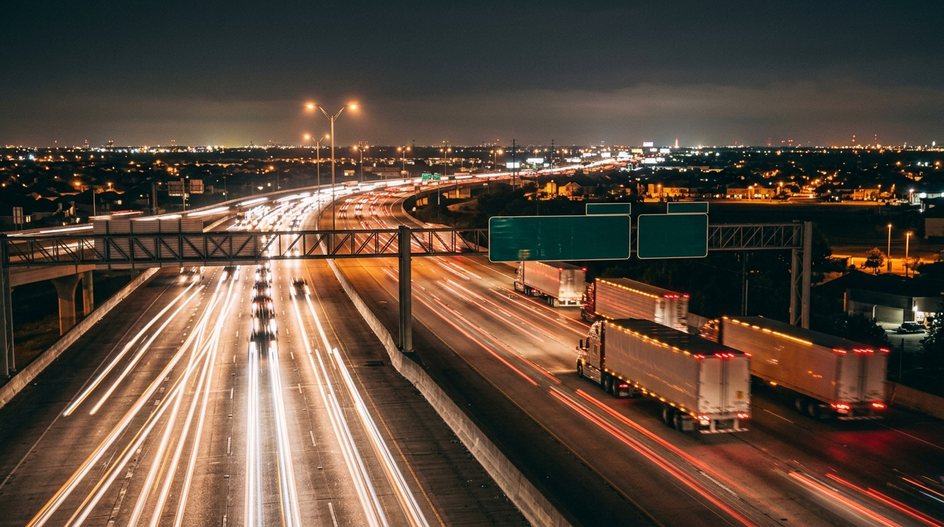 Illustration of 18-wheelers in the right lanes of a Houston-area freeway at night, with headlight trails under an overhead sign gantry