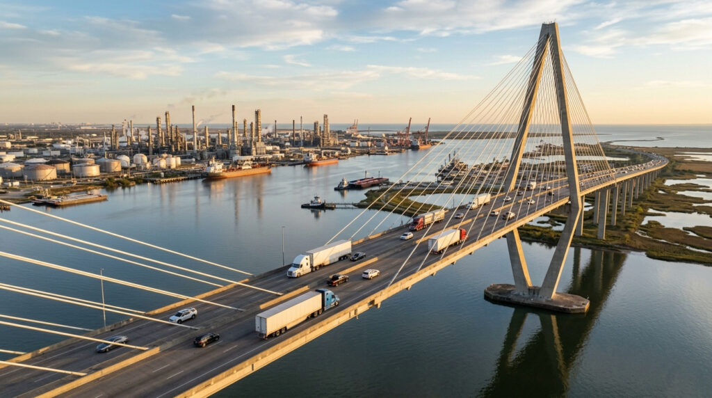 Illustration of 18-wheelers crossing a cable-stayed bridge over a ship channel, with refinery towers and storage tanks along the shore, the kind of industrial corridor that surrounds Baytown