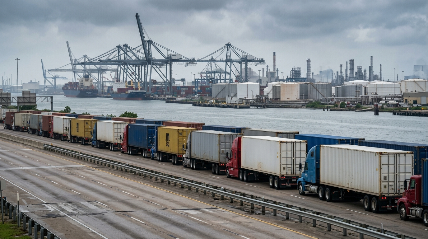 Illustration of a line of container trucks on a highway beside port cranes and petrochemical storage tanks, typical of freight traffic around the Houston Ship Channel