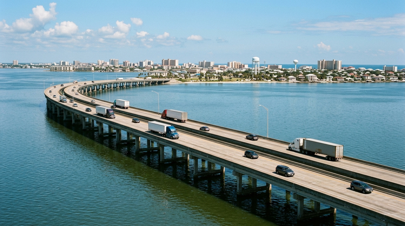 Illustration of 18-wheelers and cars on a long causeway over bay water toward an island city, like the I-45 approach to Galveston