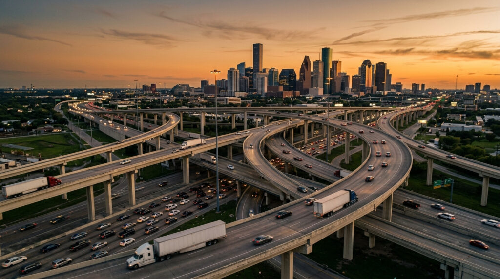 Illustration of 18-wheelers and commuter traffic on the flyover ramps of a Houston freeway interchange at dusk, with the downtown skyline behind