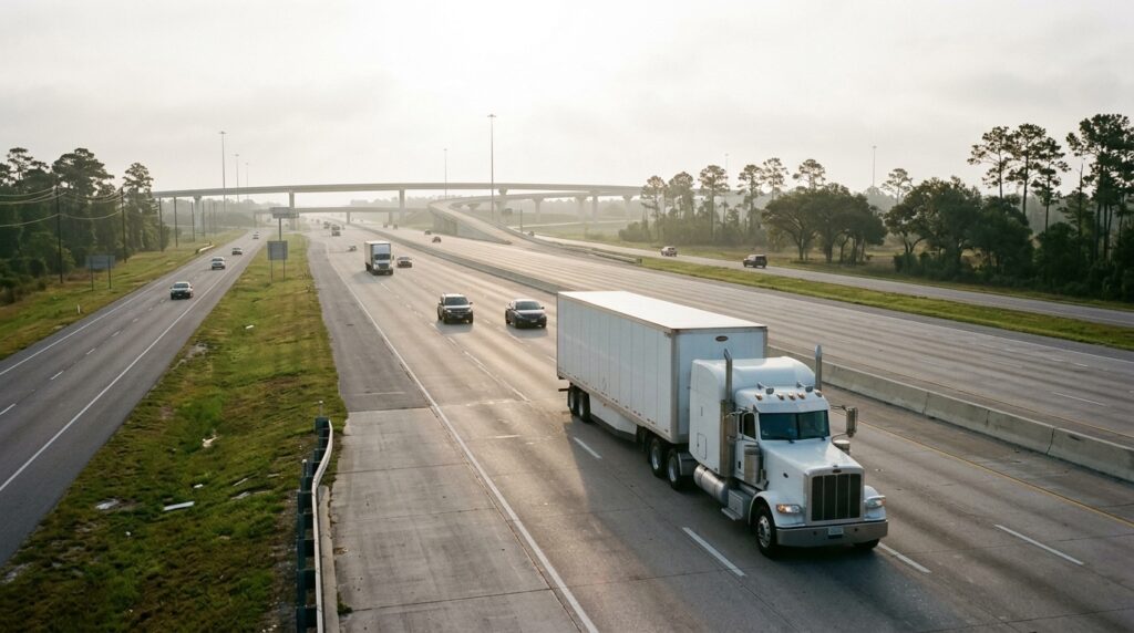 Illustration of a white 18-wheeler tractor-trailer on a wide, flat freeway with a flyover overpass ahead, representing the I-10 Katy Freeway corridor