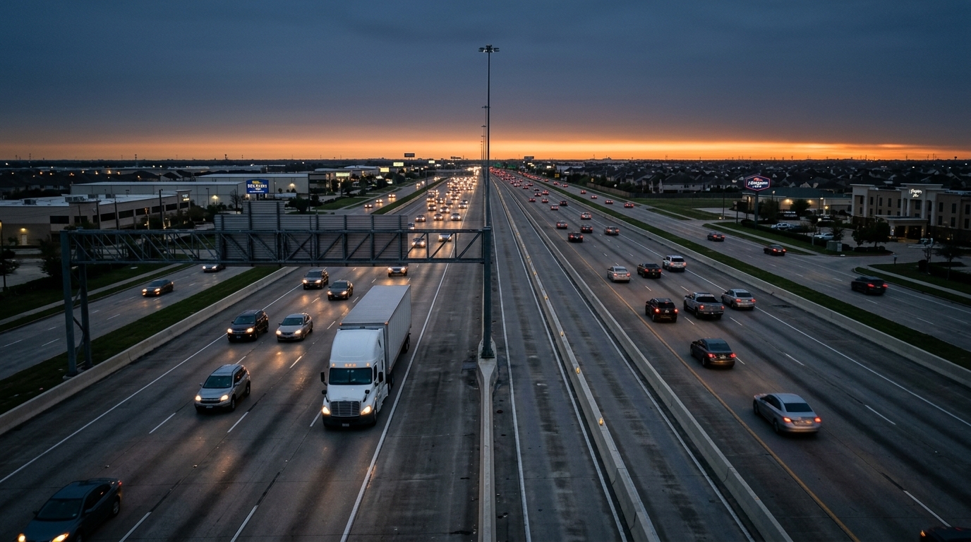 Illustration of a wide, flat concrete freeway before dawn with managed toll lanes in the center median, an overhead sign gantry, suburban rooftops on the horizon and a white 18-wheeler in the main lanes among commuter cars, representing the I-10 Katy Freeway west of Houston