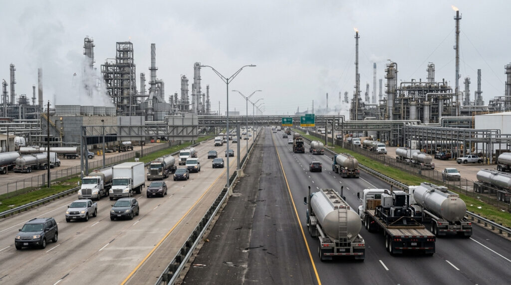 Illustration of tanker trucks and flatbed 18-wheelers on a highway lined with petrochemical plants, like the SH 225 corridor through Pasadena