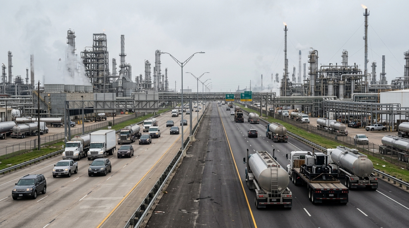 Illustration of tanker trucks and flatbed 18-wheelers on a highway lined with petrochemical plants, like the SH 225 corridor through Pasadena
