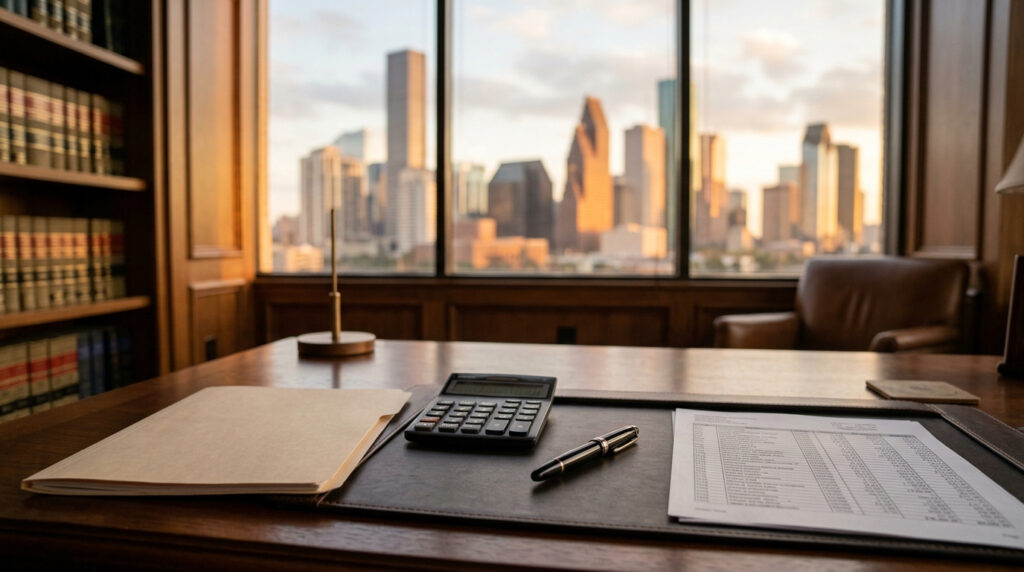 Illustration of a law-office desk with a case file, calculator, pen and printed figures, with the Houston skyline in the window behind