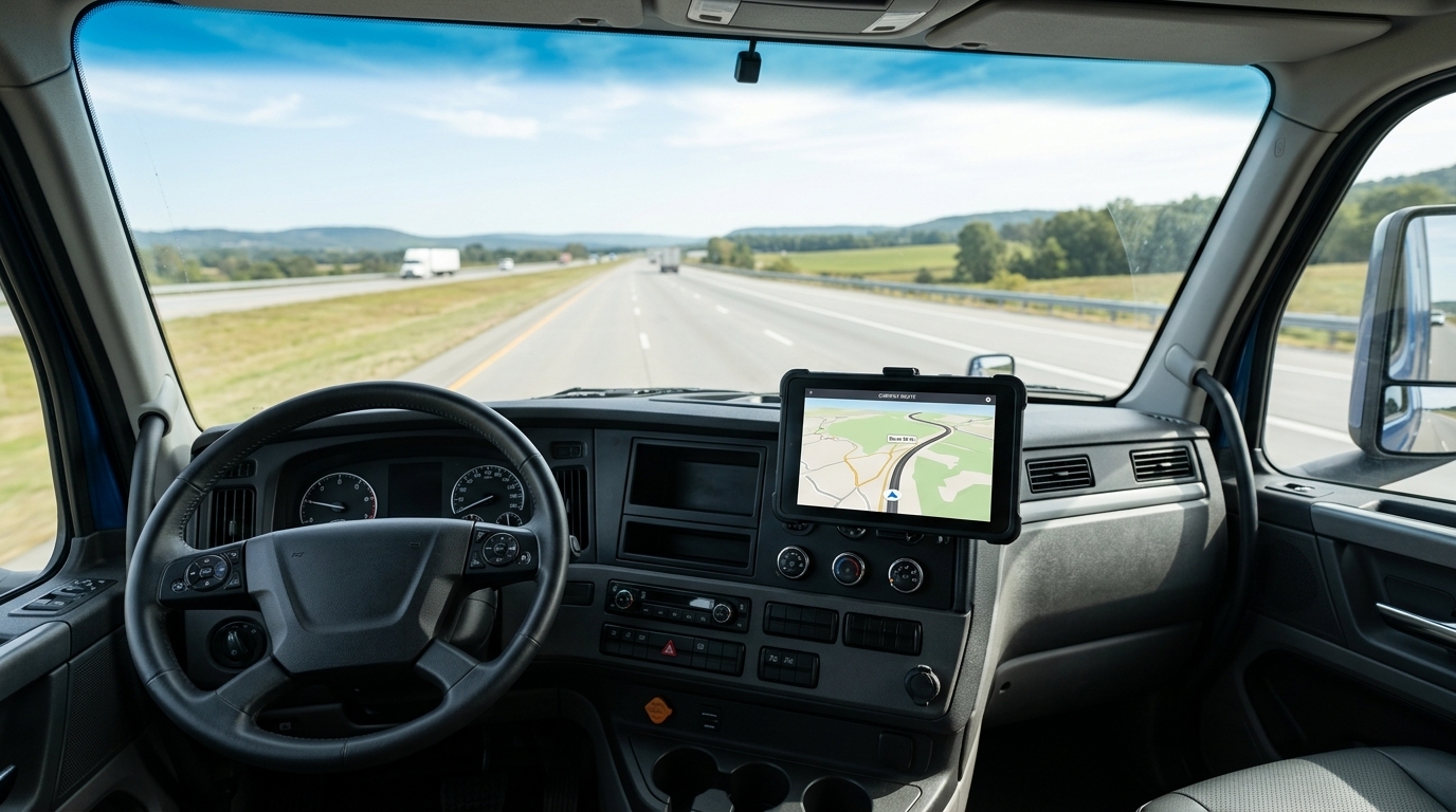 Illustration of the interior of a semi-truck cab seen from the passenger seat, with an electronic logging device tablet mounted on the dashboard and an open highway through the windshield