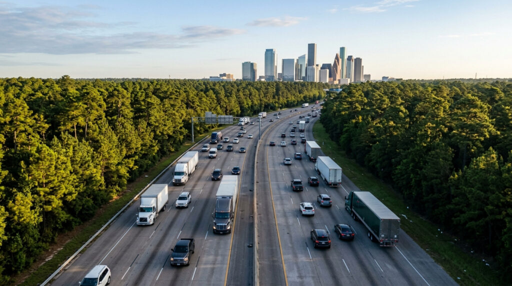 Illustration of 18-wheelers and commuter traffic on an interstate through tall pine forest, with office towers in the distance, like I-45 north of Houston near The Woodlands
