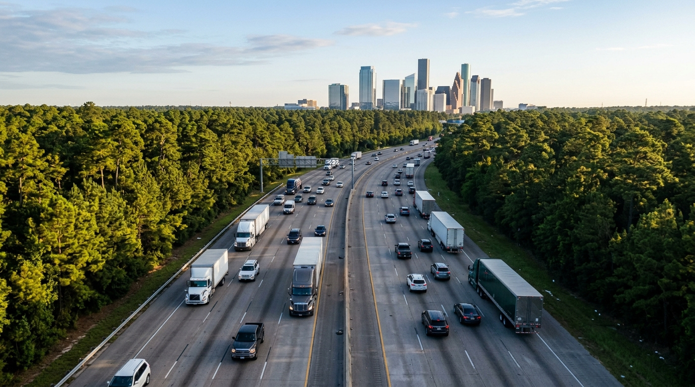 Illustration of 18-wheelers and commuter traffic on an interstate through tall pine forest, with office towers in the distance, like I-45 north of Houston near The Woodlands