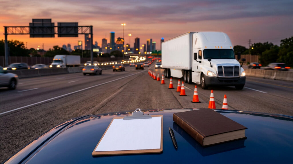 Illustration of a semi-truck parked on a Houston freeway shoulder at dusk, with cones and a clipboard in the foreground
