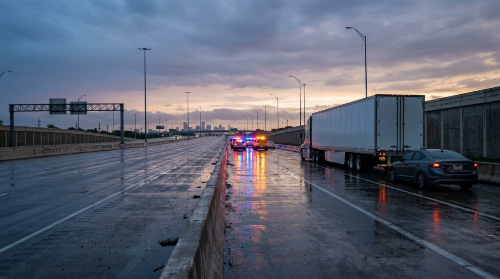 A tractor-trailer and a passenger car stopped on a Houston freeway shoulder at dawn with emergency lights on