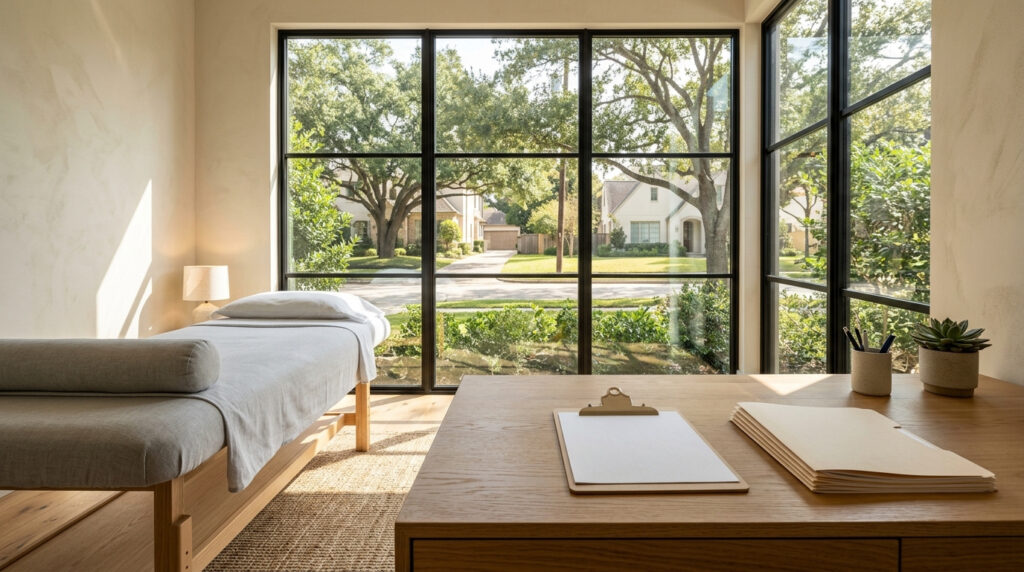 Illustration of a treatment room with a padded table, a clipboard and a stack of medical bills on a desk beside a window