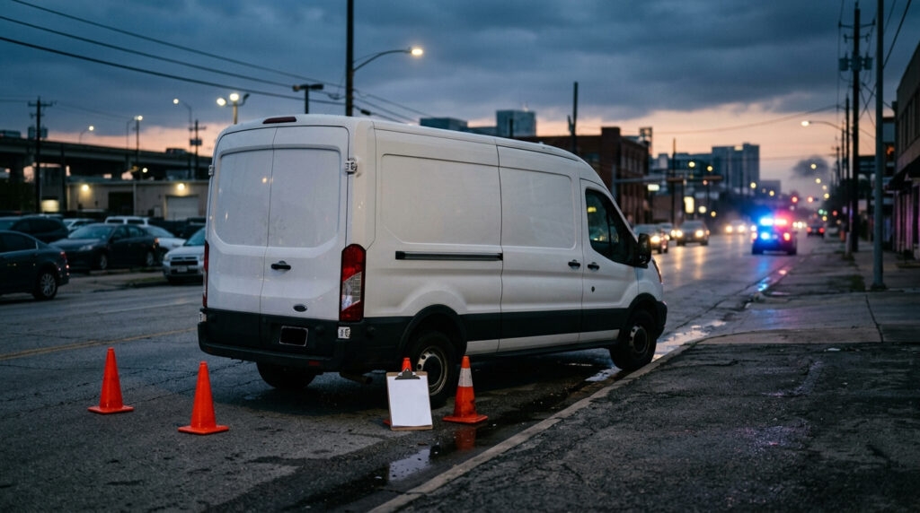 A delivery van parked on a Houston street at dusk with a police vehicle in the distance