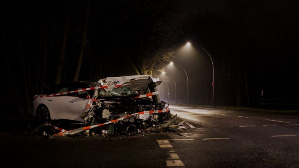 Illustration of a wrecked white car taped off with police tape on a dark roadside at night