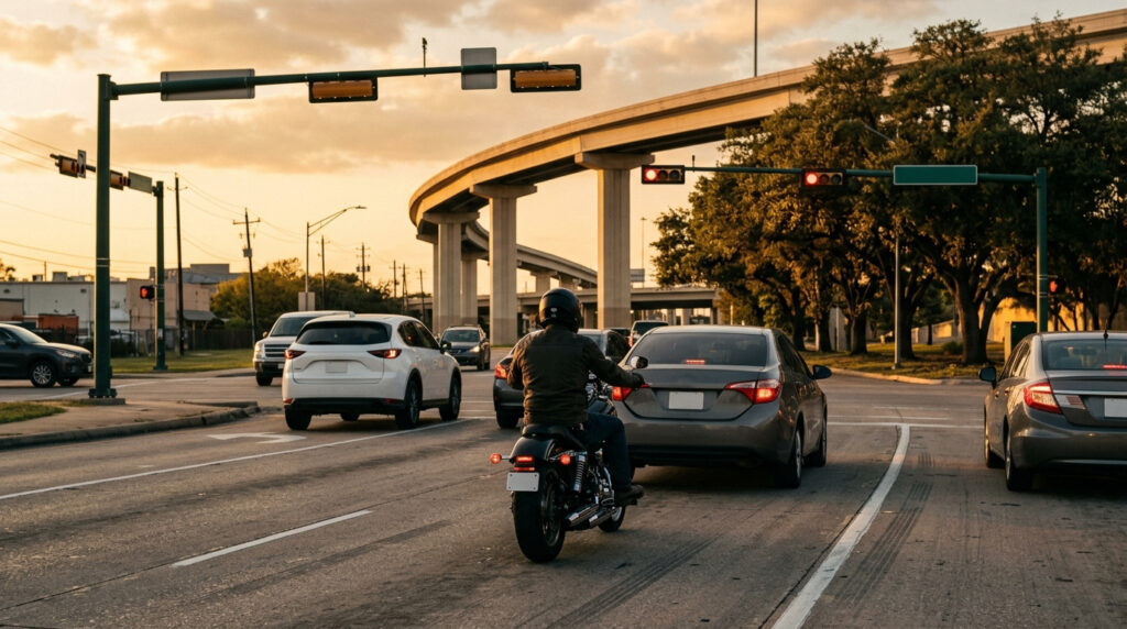 A motorcycle stopped at a traffic light on a tree-lined street beside a freeway overpass at sunset