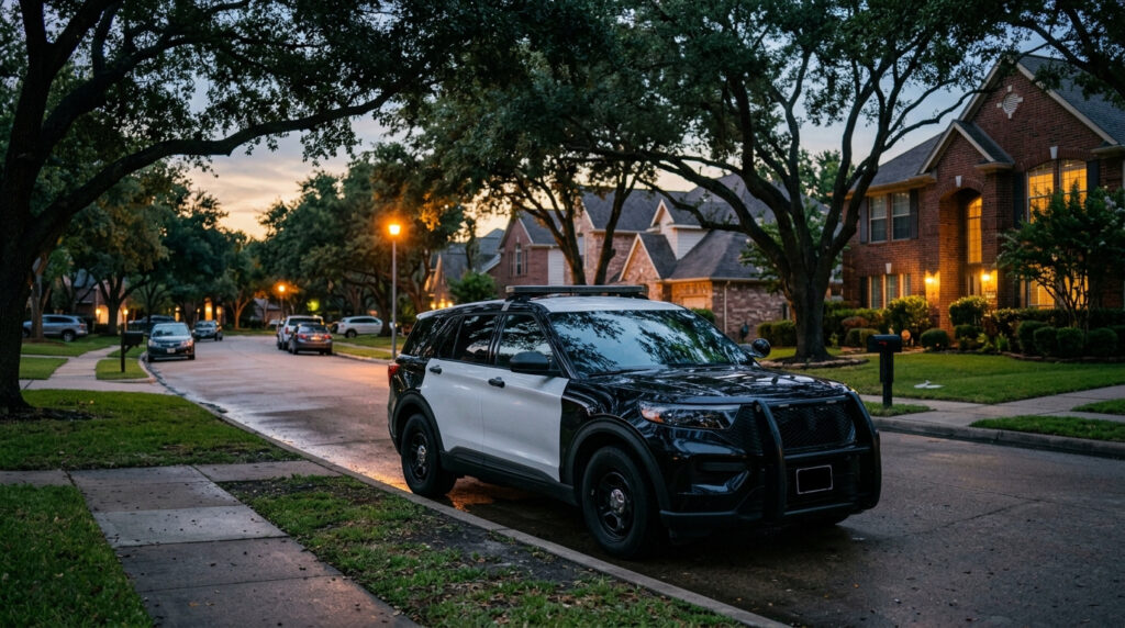 A police cruiser parked on a quiet suburban street at dusk