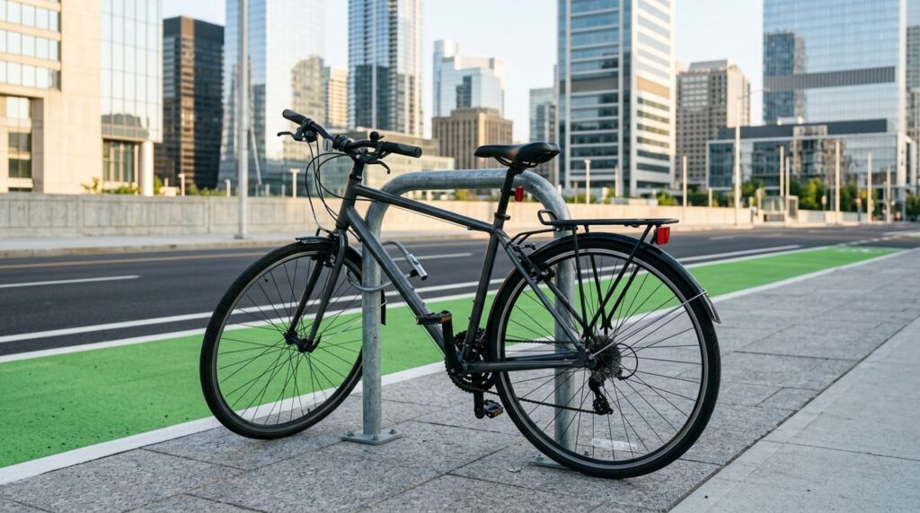 Illustration of a bicycle parked beside a green painted bike lane on a city street