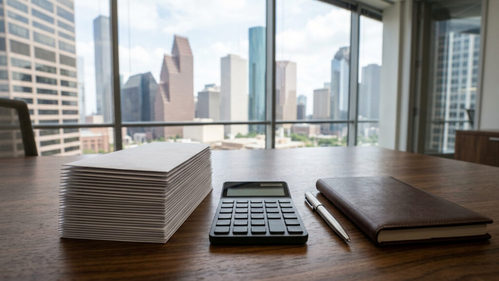 Desk with a stack of medical bills, a calculator, a pen and a closed statute booklet, with a blurred Houston skyline behind