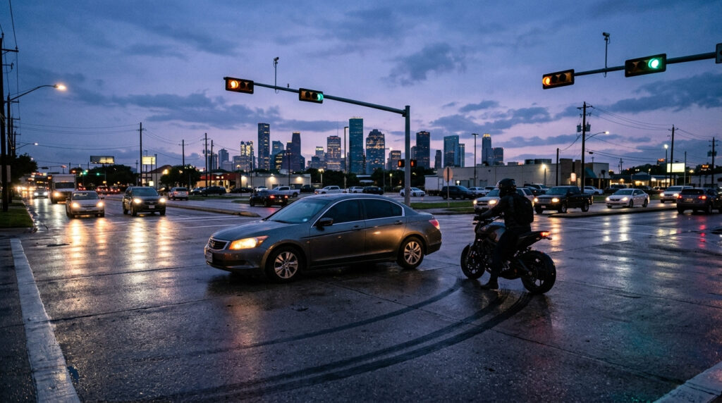 A sedan stopped mid-turn across a lane at a city intersection with a motorcycle halted just short of it and skid marks on the pavement