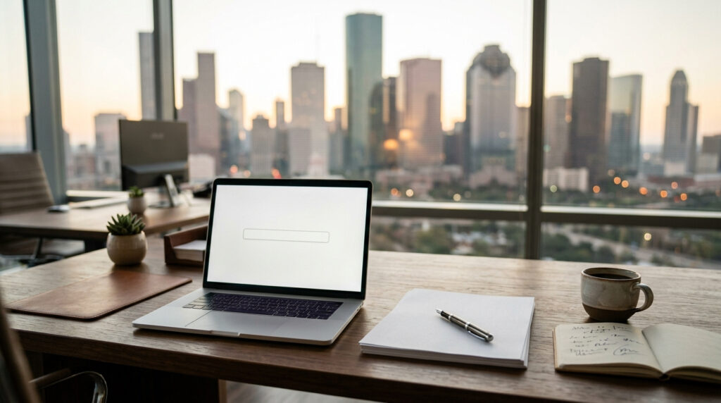 Desk with a laptop, an unsigned contract, a pen and a notepad of questions, with the Houston skyline blurred in the window