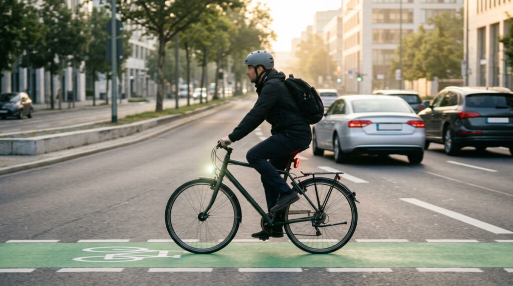 Cyclist riding in a marked lane beside moving traffic on a city boulevard