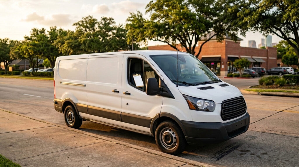 A delivery van parked at a Houston curb with a clipboard and delivery bag on the passenger seat