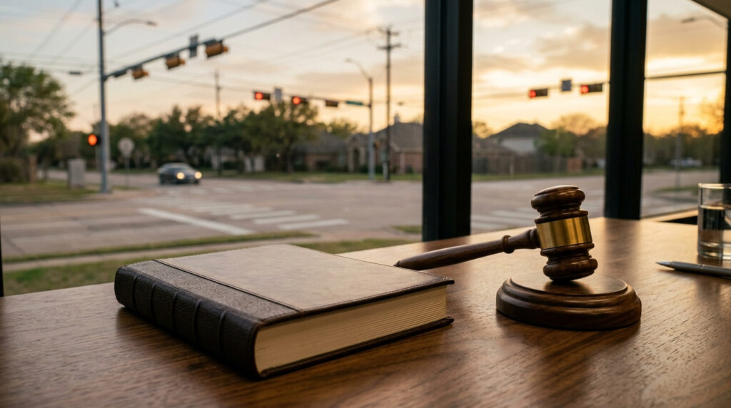 A law book and gavel on a desk in front of a blurred suburban Texas intersection at dusk
