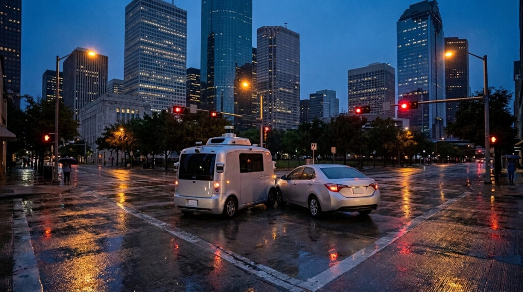 A white driverless car with roof-mounted sensors waiting at a downtown Houston intersection at dusk