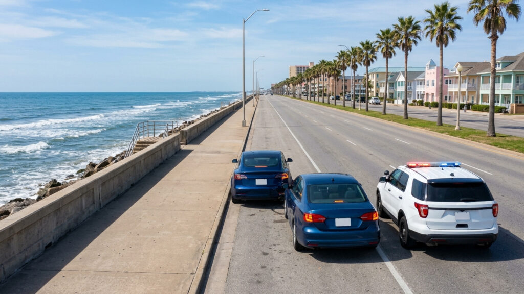Illustration of two cars stopped with hazard lights on Seawall Boulevard in Galveston, Texas, beside the Gulf of Mexico, with a police SUV behind them after a crash