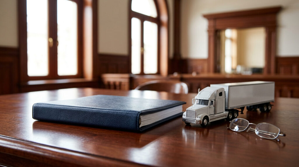 Illustration of a conference table with a legal binder, a toy semi-truck and reading glasses