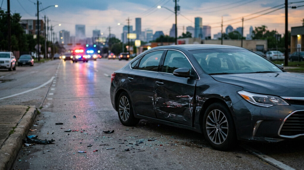 Illustration of a sedan with scraped side damage on a Houston street at dusk while a police car's lights glow in the background