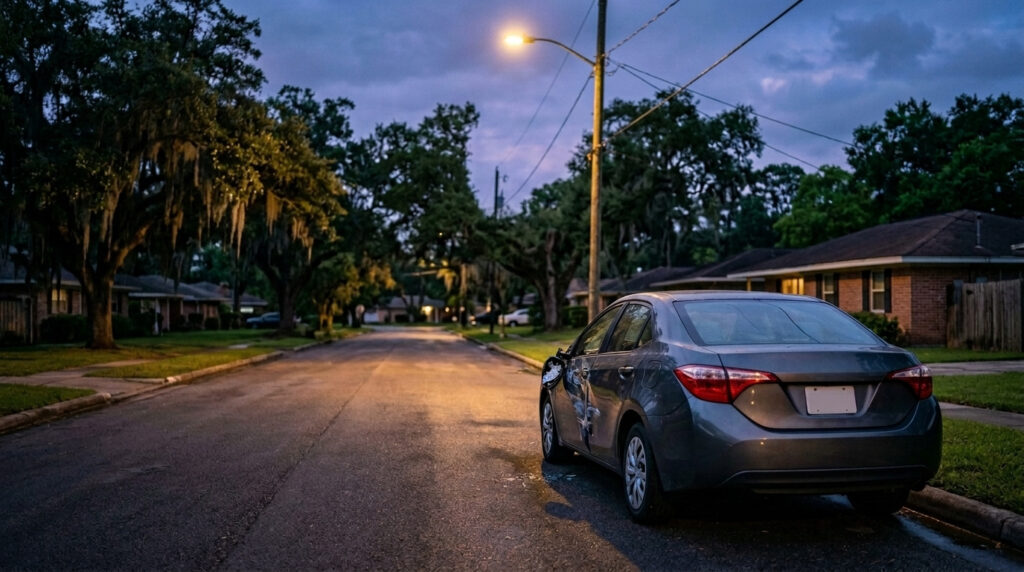 An empty Houston street at dusk with a parked car whose side mirror is broken and a streetlight over the curb