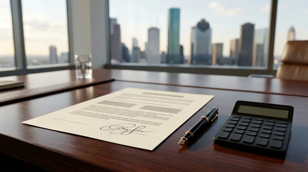 Illustration of a fee agreement, a pen and a calculator on a desk with the Houston skyline through the window