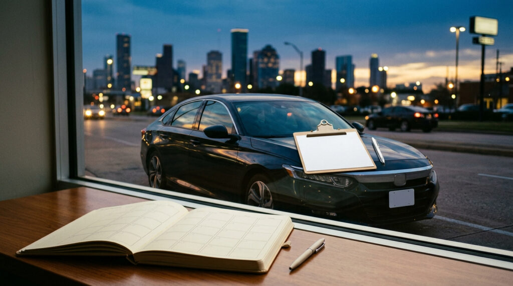 Illustration of a clipboard, pen and calendar on the hood of a parked car on a Houston street