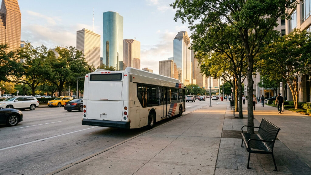 Illustration of a city bus at a Houston curbside stop with an empty bench and a multi-lane road in late afternoon light