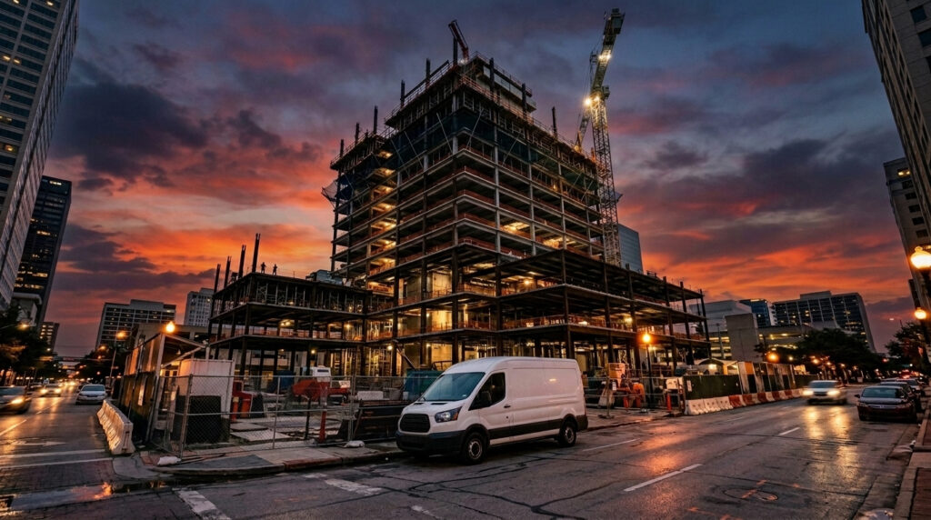 A Houston construction site at dusk with a steel-framed high-rise, a crane and a delivery van at the curb