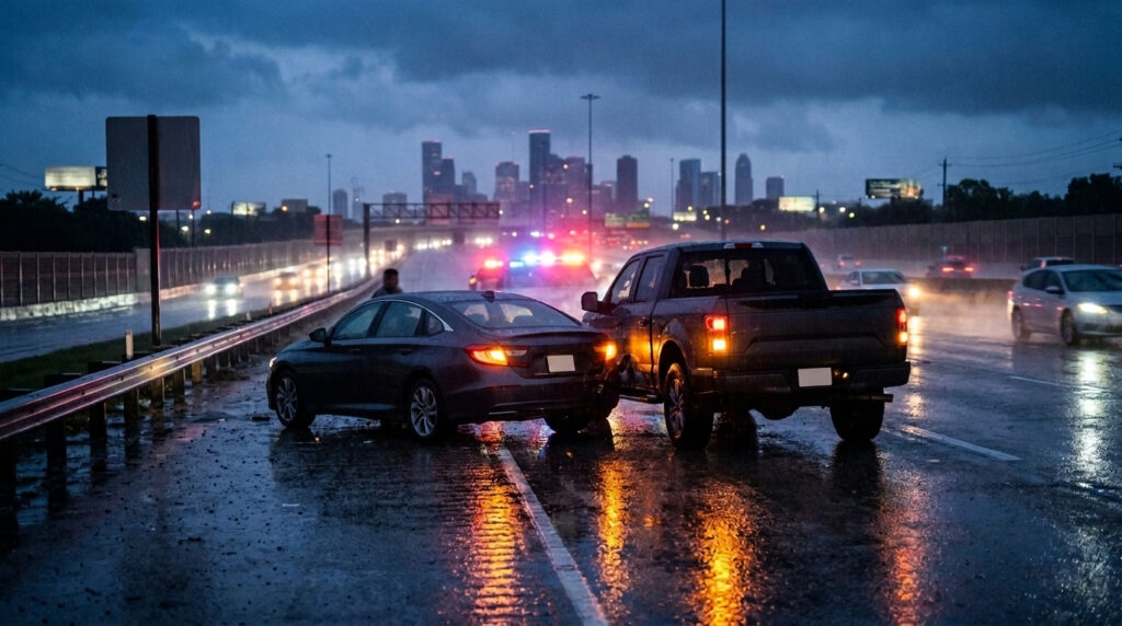 Two vehicles stopped on a Houston freeway shoulder after a collision, with hazard lights on at dusk