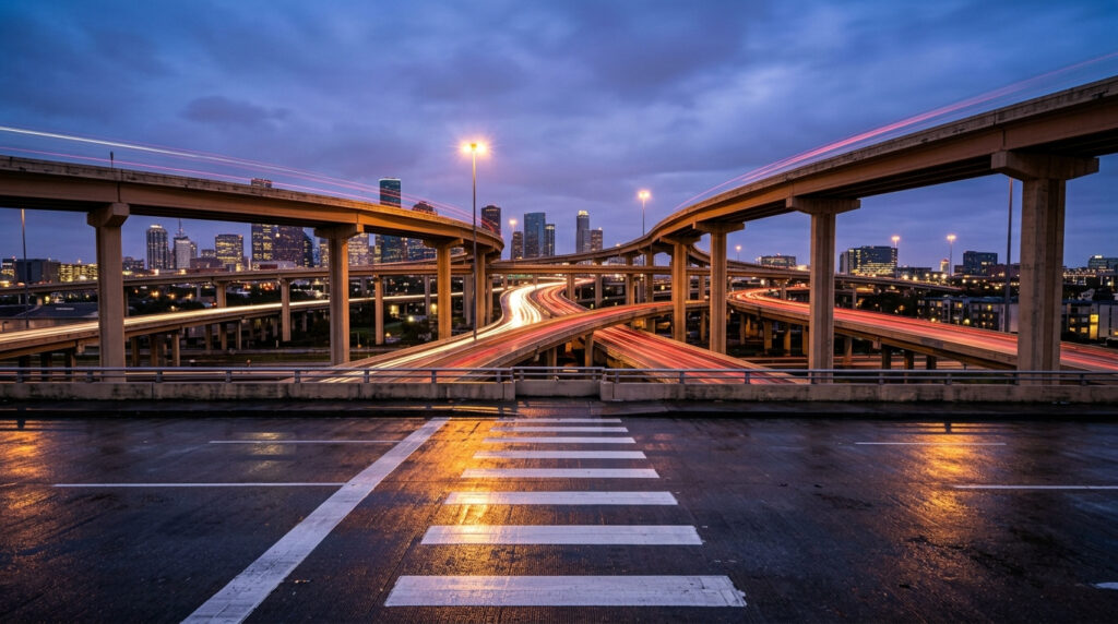 Houston freeway interchange at dusk with light trails and a surface street crosswalk in the foreground
