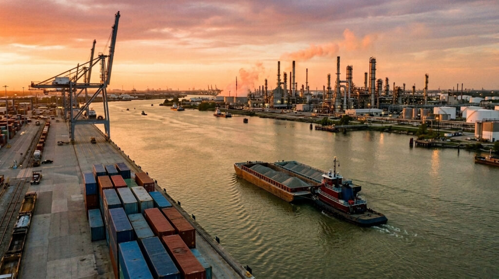 Illustration of a Houston Ship Channel scene with a container terminal crane, a tugboat and barge, and an industrial plant on the shore