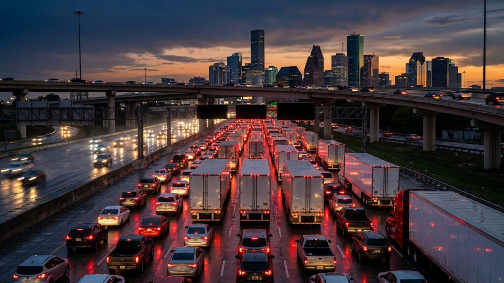 Illustration of 18-wheelers in dusk traffic on a Houston freeway with brake lights lit and the downtown skyline in the distance