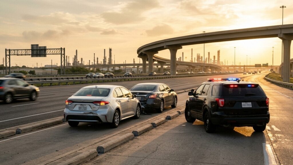 Illustration of a three-vehicle rear-end crash on a Pasadena, Texas freeway with a police SUV stopped behind, refinery towers on the horizon