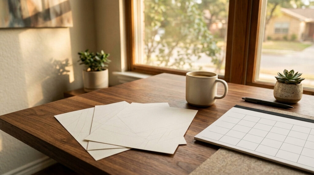 A desk with a printed insurance policy, a calendar and a pen beside a window