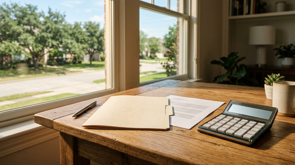 A desk with a closed claim folder, a printed letter and a calculator beside a window