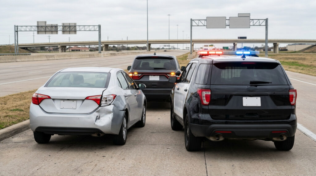 Damaged silver sedan and a police SUV with emergency lights stopped on a Texas freeway shoulder after a Katy car crash