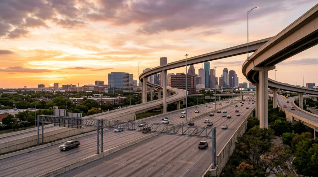 A multi-lane Texas freeway and interchange at golden hour west of Houston