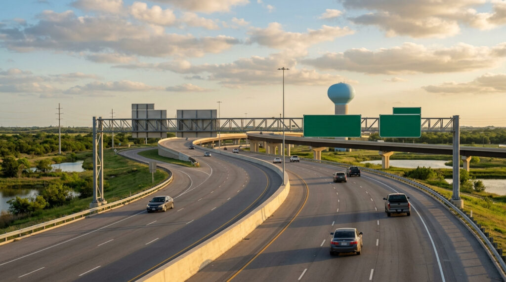 Suburban toll road interchange southwest of Houston in late afternoon light