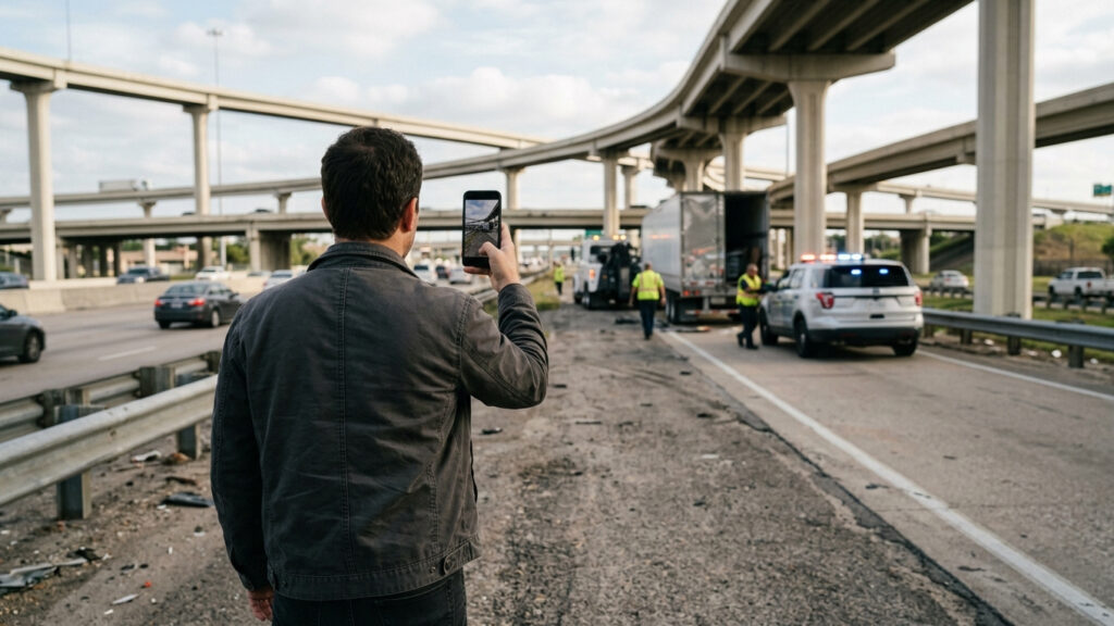A person photographing the scene of a truck crash on a Houston road while a police vehicle waits in the distance