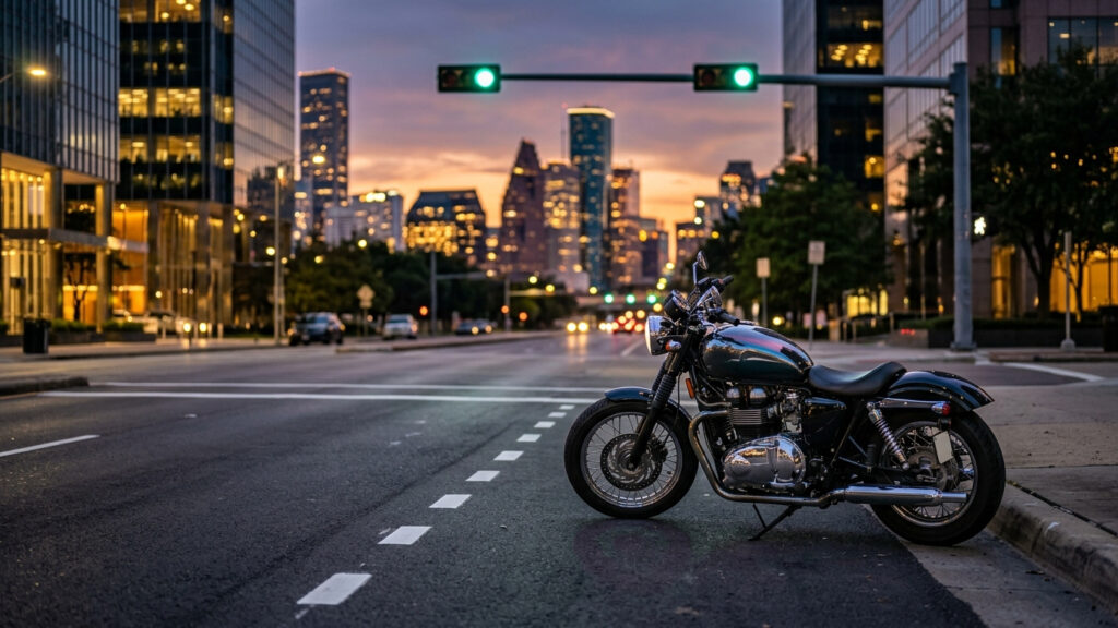 A motorcycle parked at the edge of a wide Houston street lane at dusk, with painted lane lines and a traffic signal