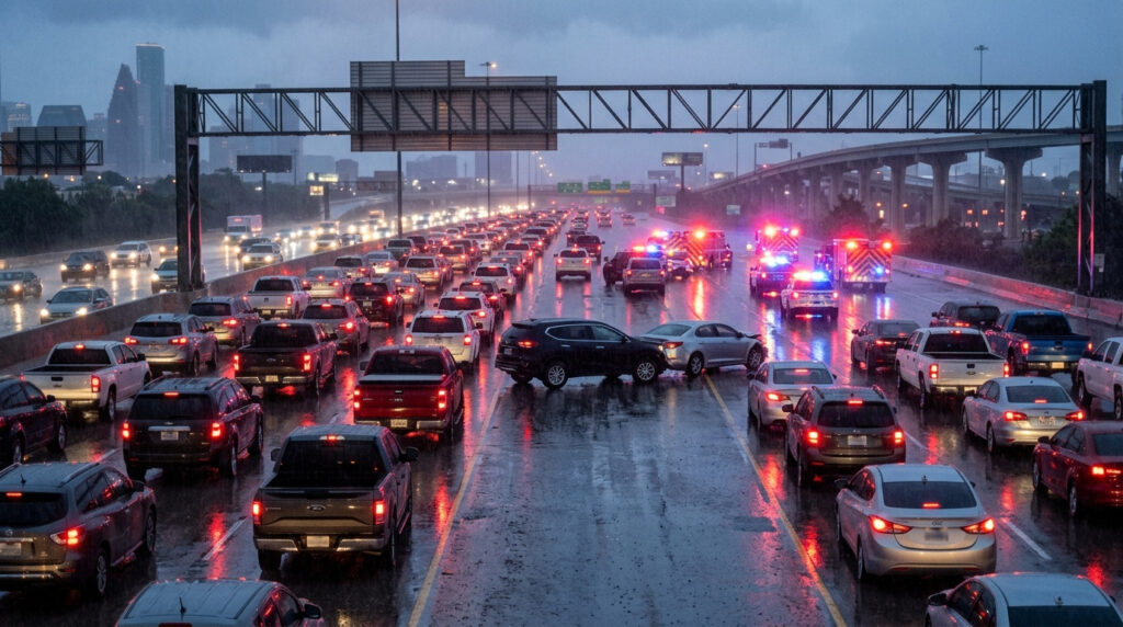 Illustration of a line of stopped cars with brake lights on a wet Houston freeway at dusk